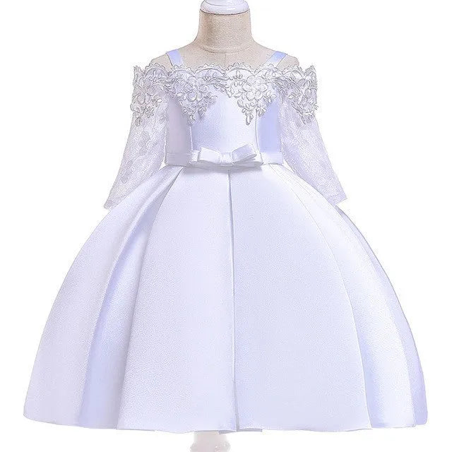 Girls lace-trimmed dress in simple style shown in dark red, pink, red, white and green colour options.