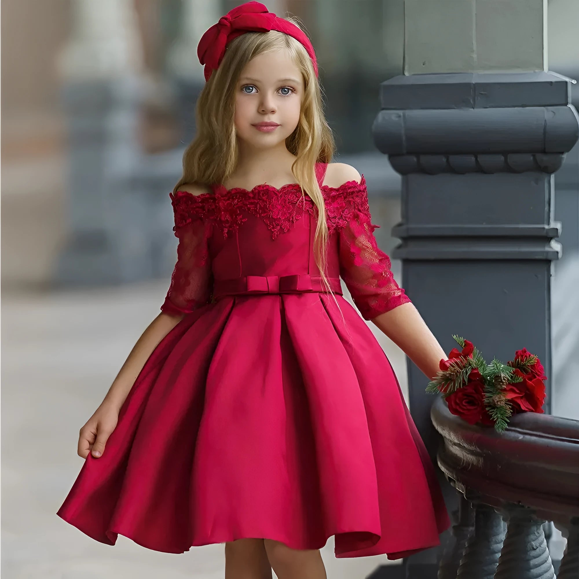 Girls lace-trimmed dress in simple style shown in dark red, pink, red, white and green colour options.