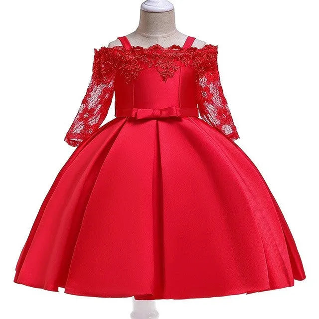 Girls lace-trimmed dress in simple style shown in dark red, pink, red, white and green colour options.