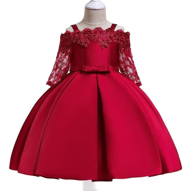 Girls lace-trimmed dress in simple style shown in dark red, pink, red, white and green colour options.