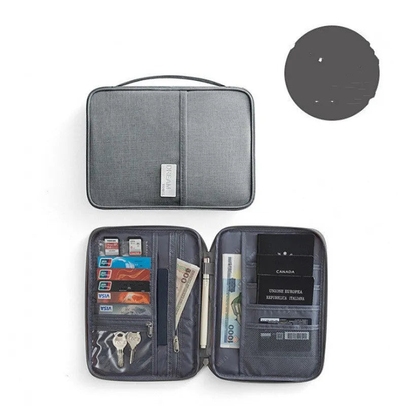 Cationic material passport cover in blue with clear interior slots for document organisation