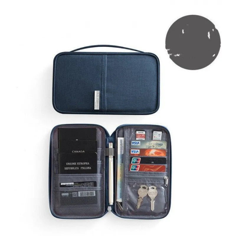 Cationic material passport cover in blue with clear interior slots for document organisation