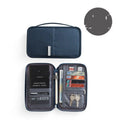 Cationic material passport cover in blue with clear interior slots for document organisation