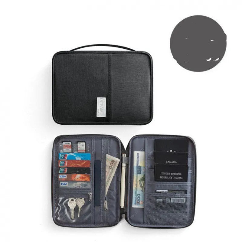Cationic material passport cover in blue with clear interior slots for document organisation