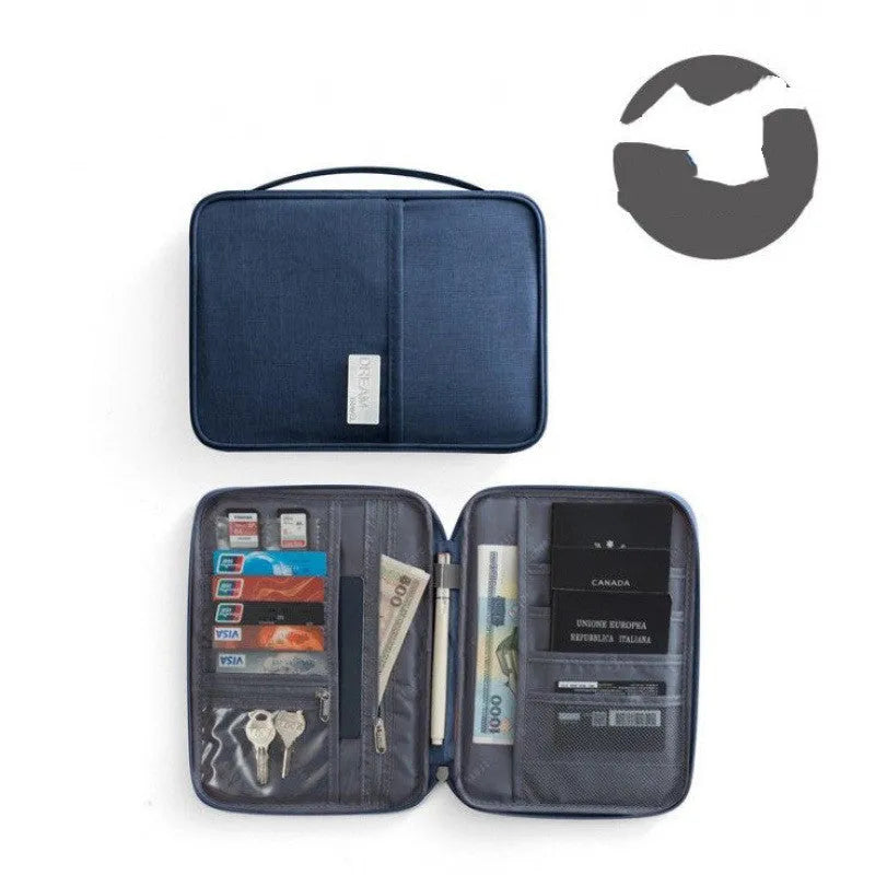 Cationic material passport cover in blue with clear interior slots for document organisation