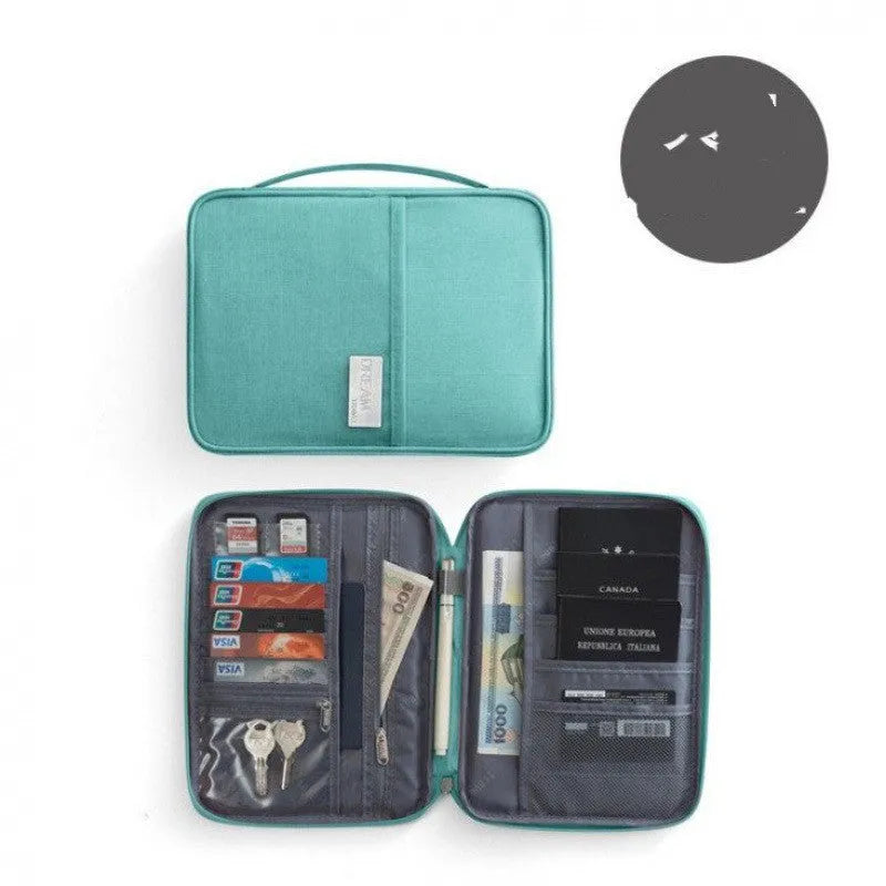 Cationic material passport cover in blue with clear interior slots for document organisation