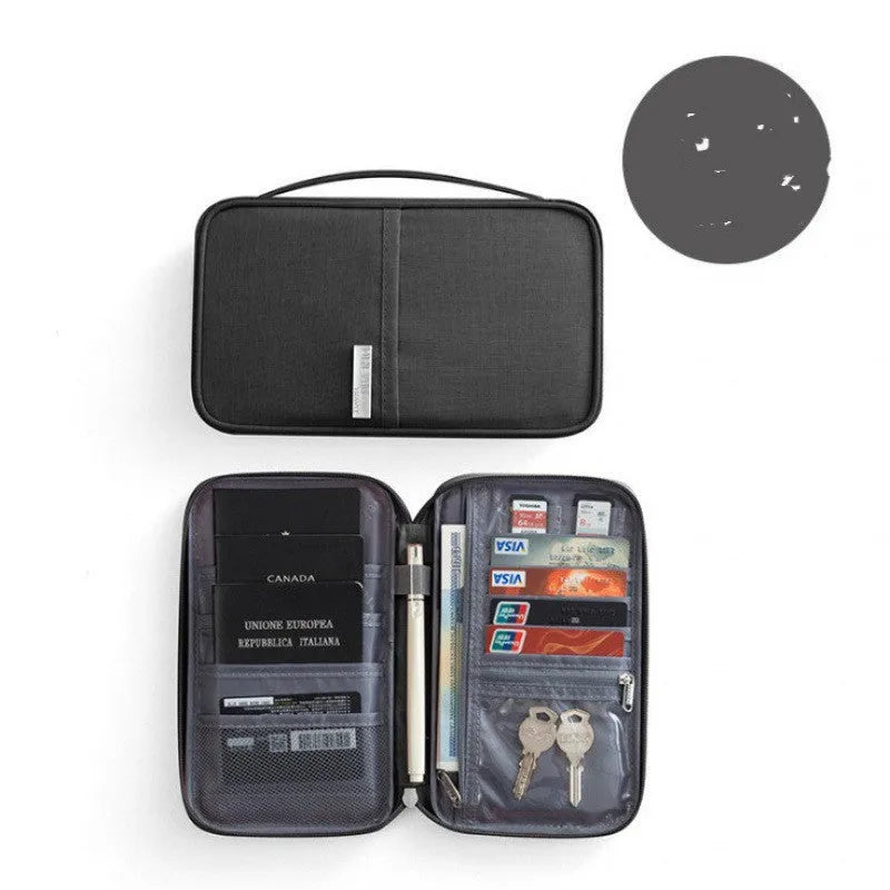 Cationic material passport cover in blue with clear interior slots for document organisation