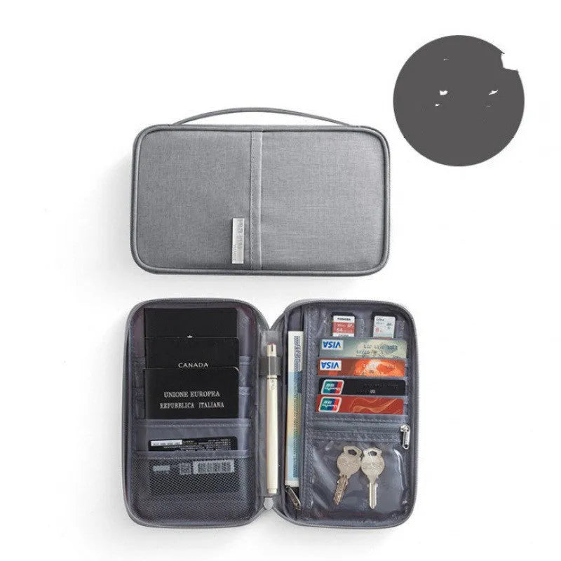 Cationic material passport cover in blue with clear interior slots for document organisation