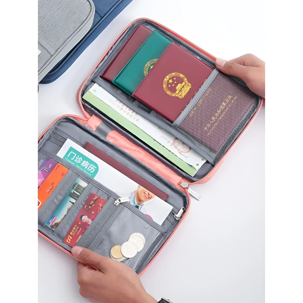 Cationic material passport cover in blue with clear interior slots for document organisation