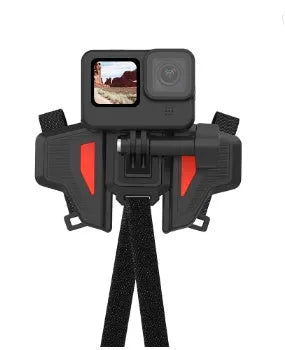 Black GoPro motorcycle helmet chin strap mount for universal sports cameras with silicone and stainless steel construction