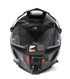 Black GoPro motorcycle helmet chin strap mount for universal sports cameras with silicone and stainless steel construction