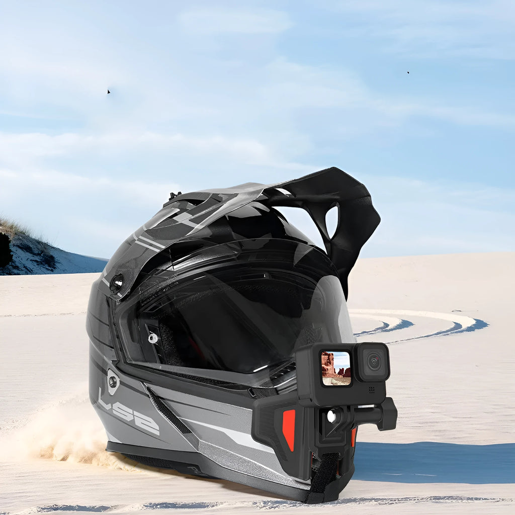 Black GoPro motorcycle helmet chin strap mount for universal sports cameras with silicone and stainless steel construction