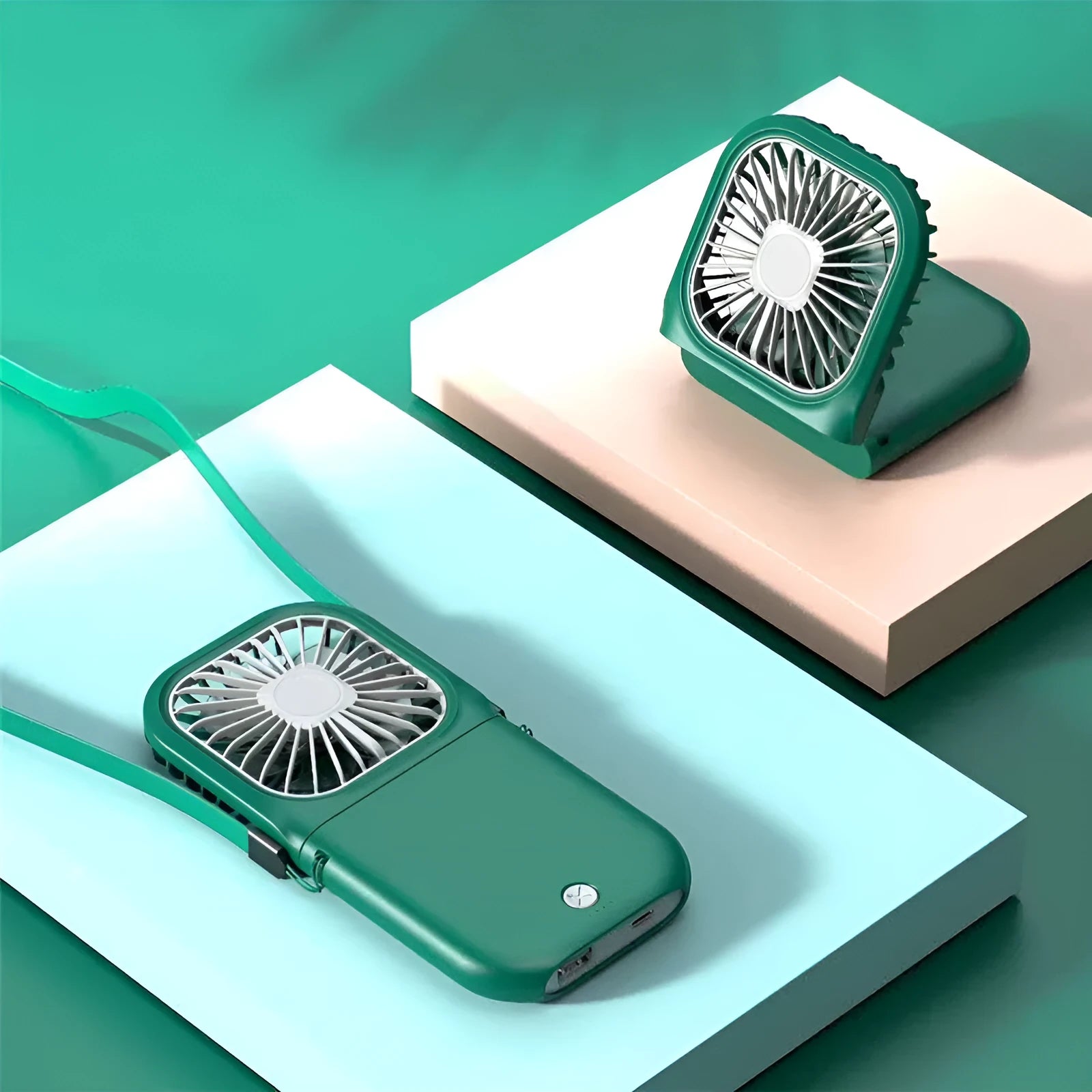 Hands-free neck band cooling fan with dual USB rechargeable fans in multiple colour options