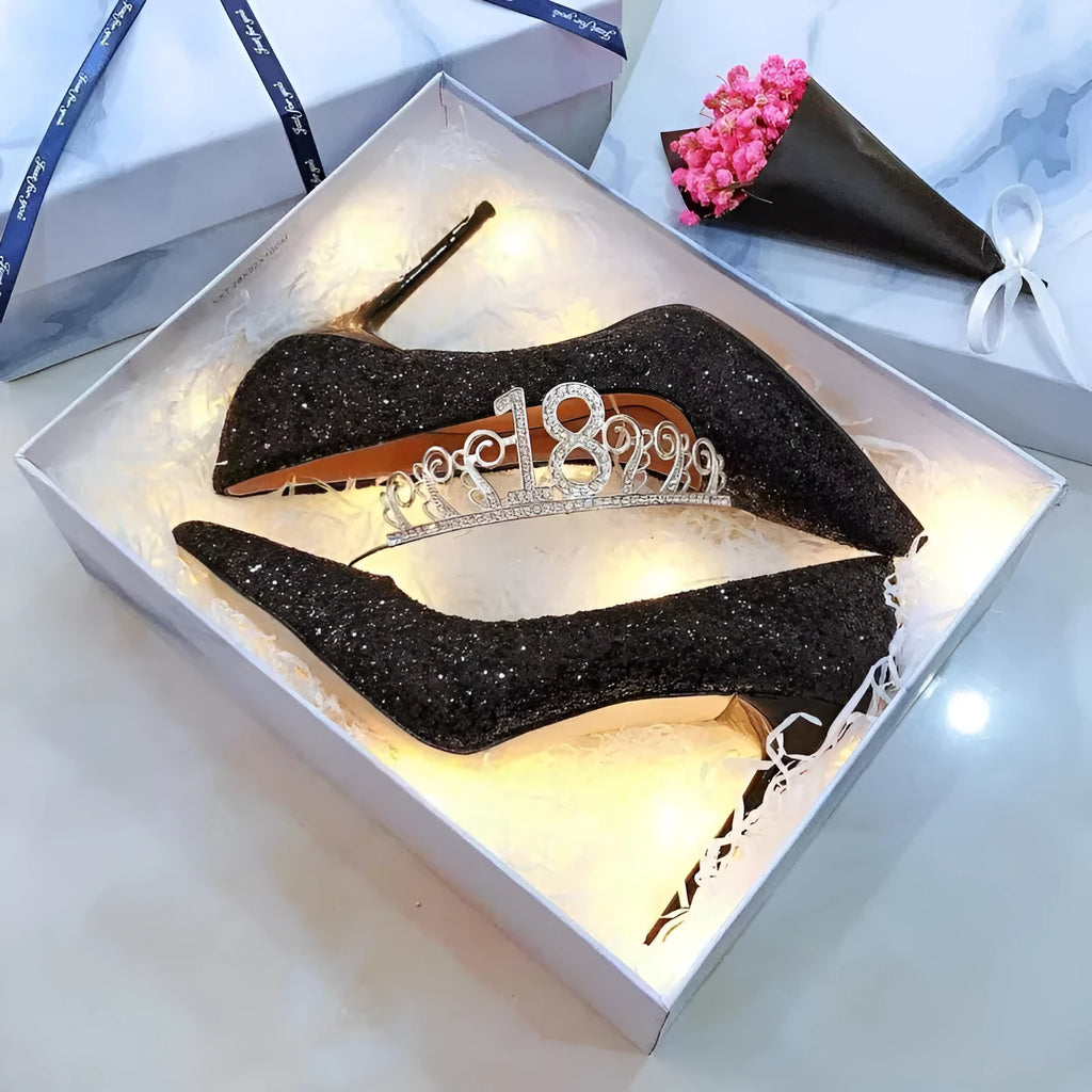Women's wedding shoes with crystal decoration, stiletto heels in silver and black colours