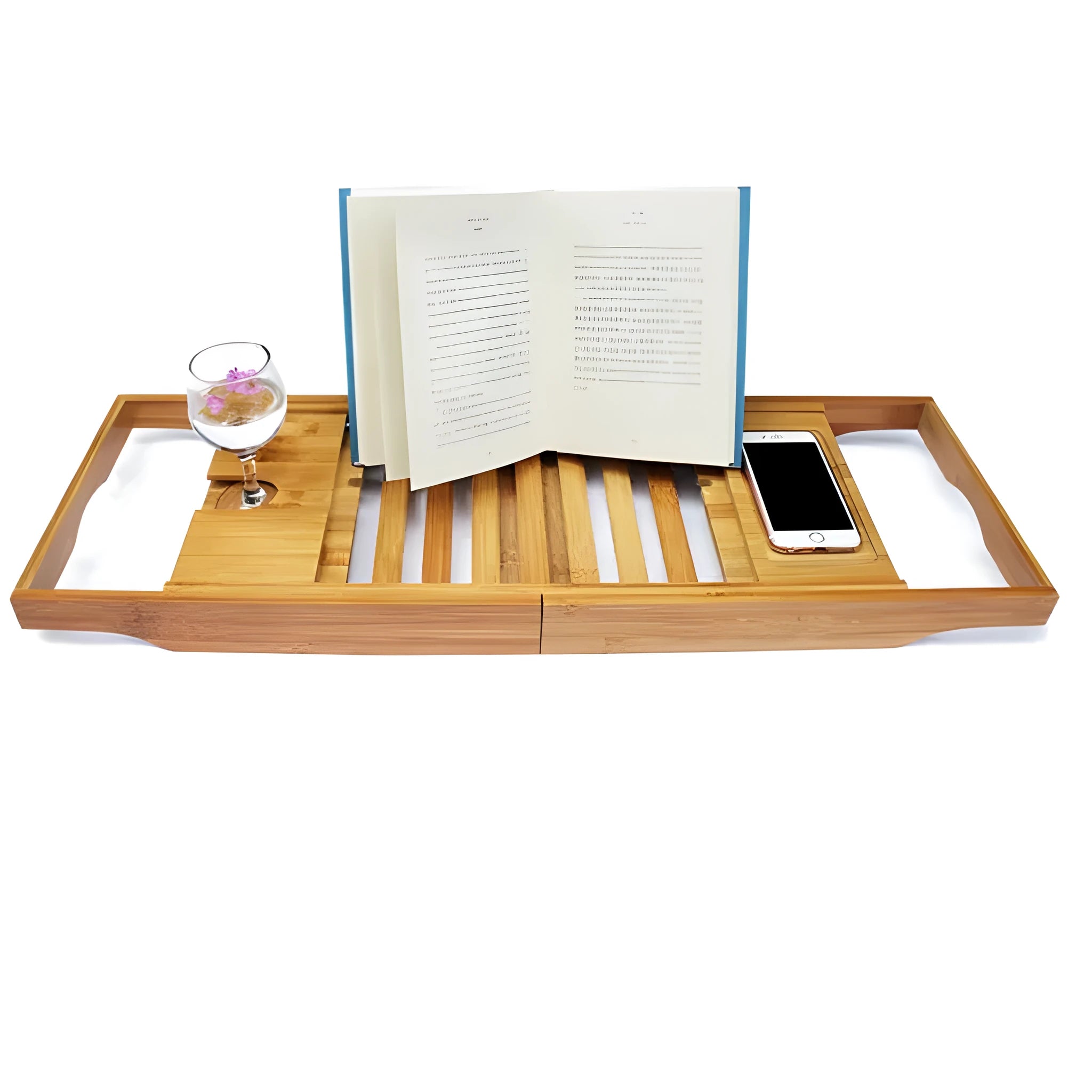 Natural bamboo bathtub frame with single tier desktop storage for bathroom organisation