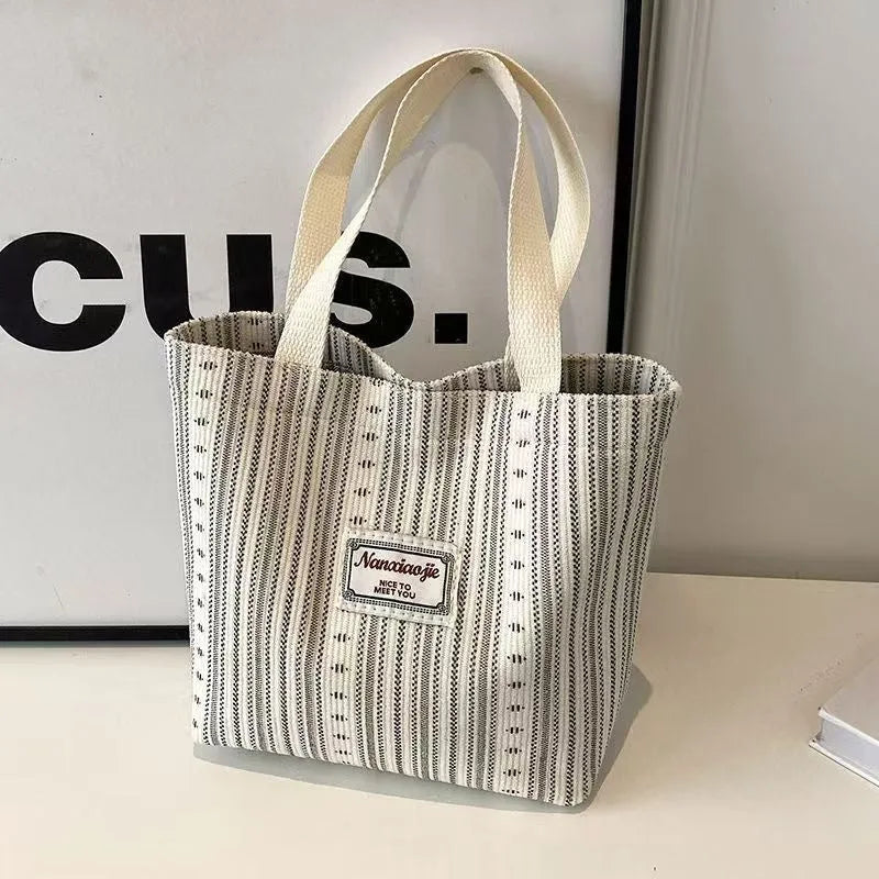 Japanese style corduroy women's shoulder bag in dark brown, grey and ivory white colours