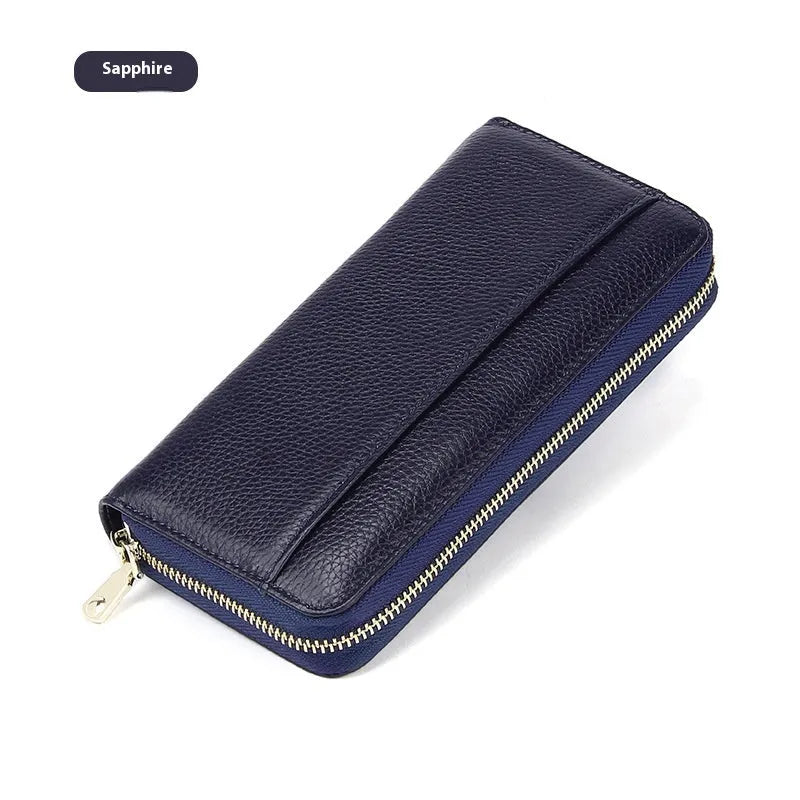 Women's genuine leather long wallet in solid colour with large capacity and anti-theft card swipe