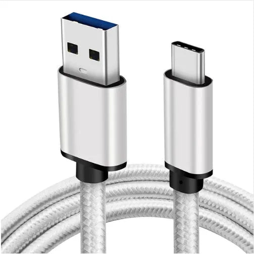 USB Type-C charging cable with metal casing and gold connectors in silver colour