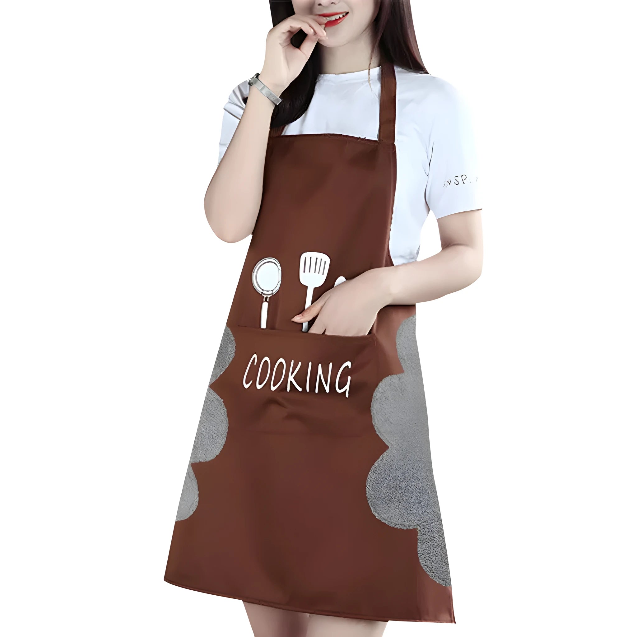 Sleeveless waterproof kitchen apron in coral velvet, shown in multiple colour options.