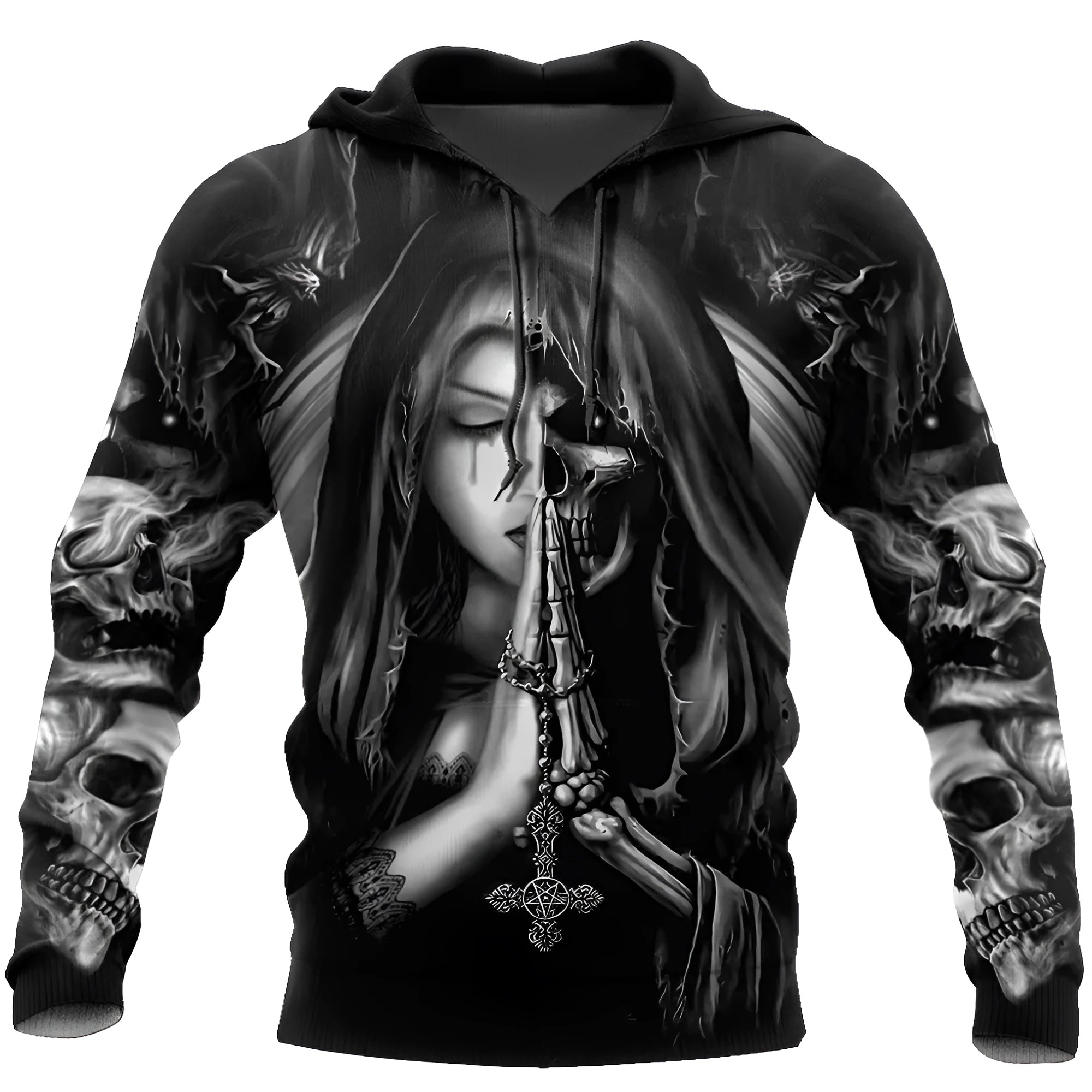 Halloween hooded sweatshirt with 3D anime skull print in black and colourful graphic patterns