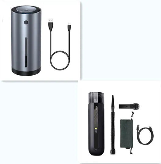 Baseus handheld wireless car vacuum cleaner in black, white, or green with blowing hose attachment