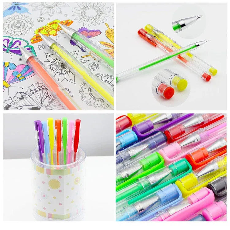 100 colour gel pen set with plastic barrels in assorted colours showing 0.5mm and 1.0mm tip options
