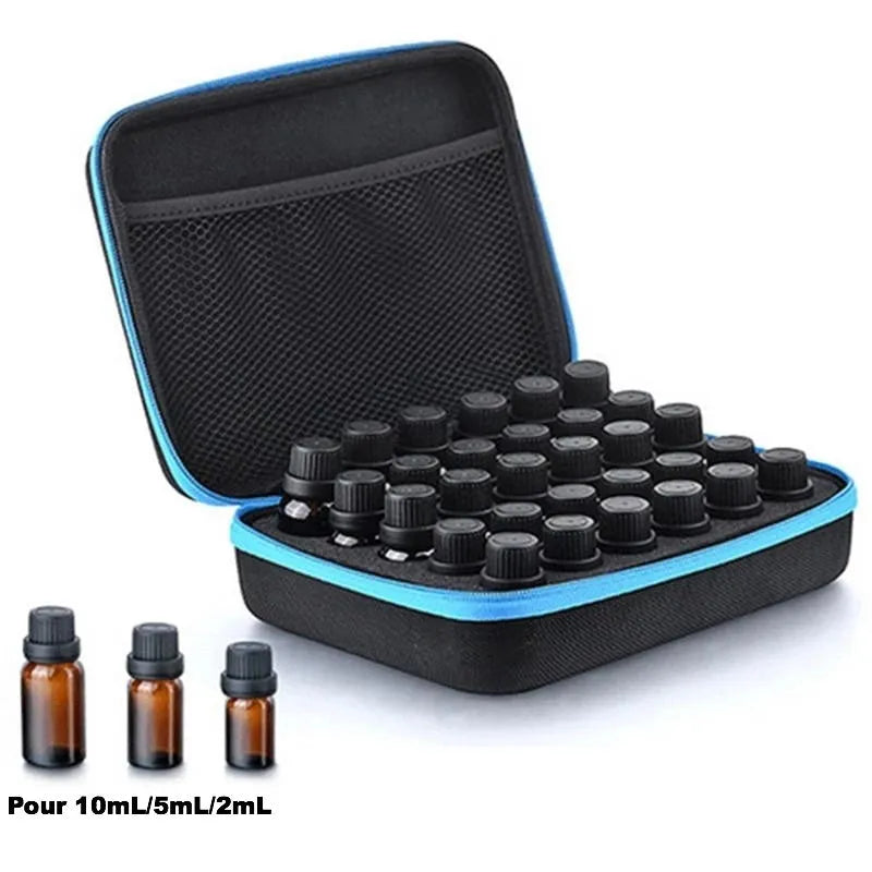 Red EVA essential oil storage bag with 30 compartments for 15ml bottles, cube shape with zipper