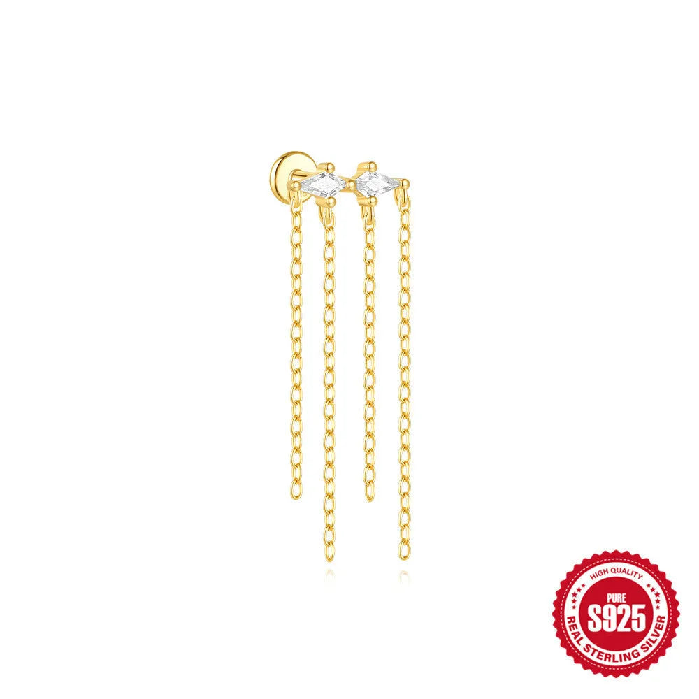 S925 sterling silver geometric kite-shaped earring with rhinestone chain tassel in a gold colour finish.