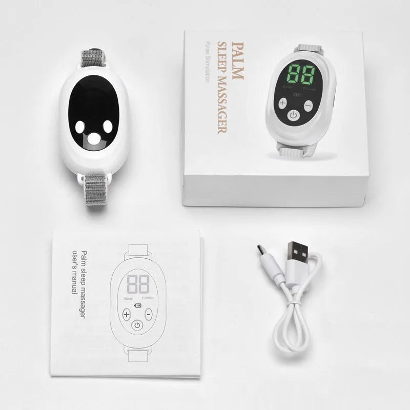 White sleep aid device with handheld remote control and adjustable intensity settings