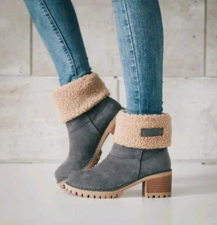 Women's suede mid-tube snow boots with a thick low heel in various colours