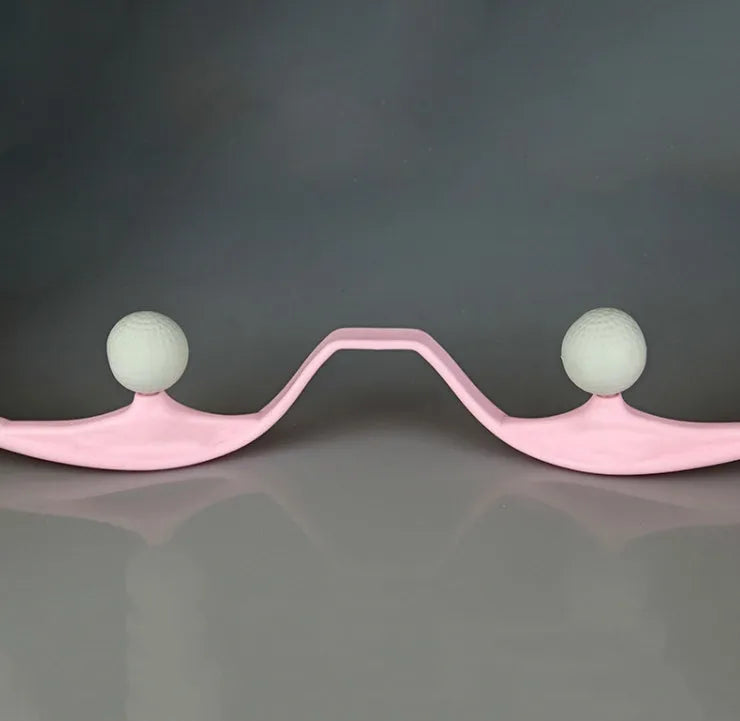 Plastic handheld neck and shoulder massager with adjustable width and roller head in pink, blue, and green colours.