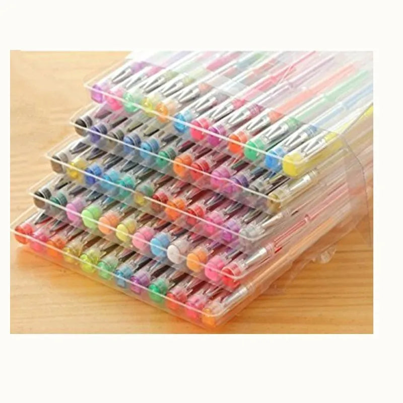 100 colour gel pen set with plastic barrels in assorted colours showing 0.5mm and 1.0mm tip options