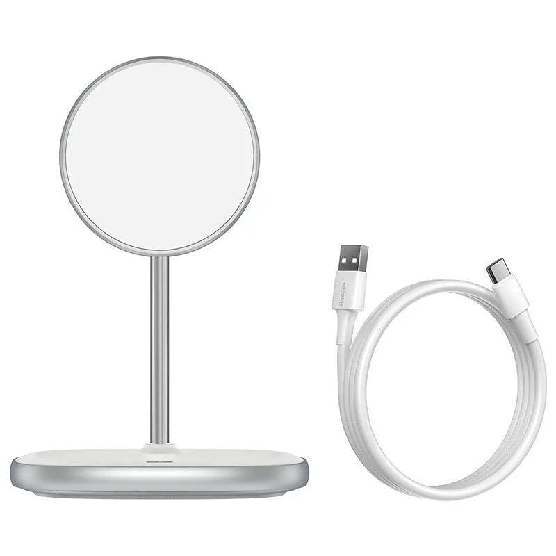 Black Swan magnetic desktop wireless charging stand for Apple iPhone 12 with included Type-C cable.