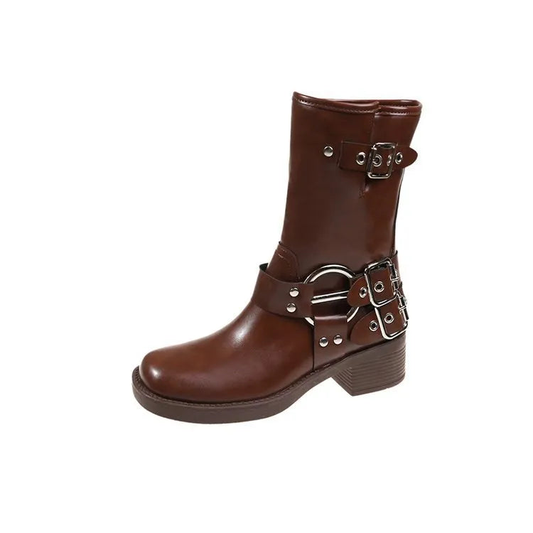 Black platform boot with buckle strap on mid-calf shaft, displayed next to brown version.