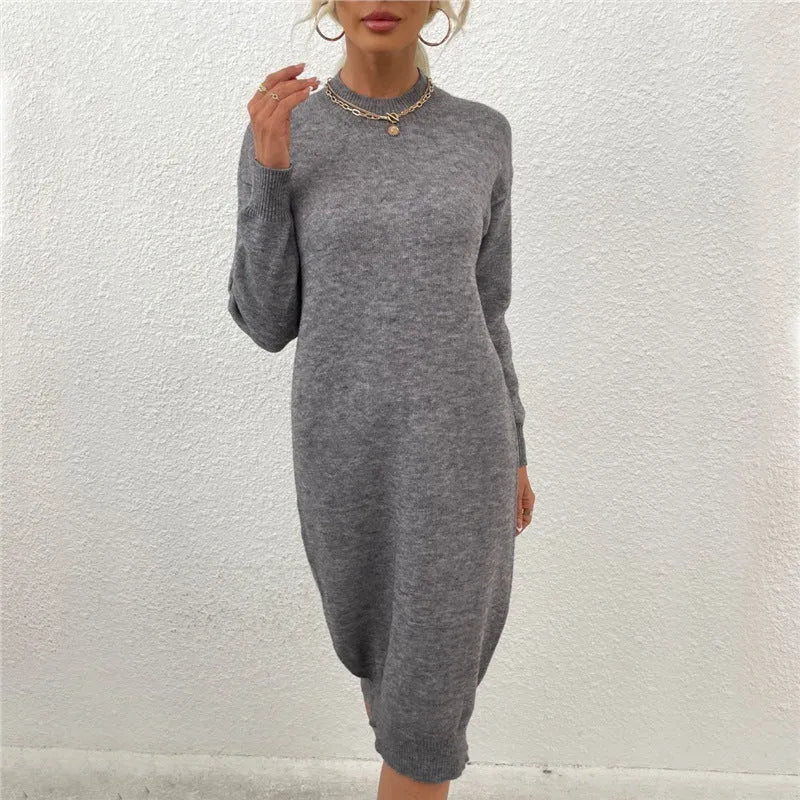 Women's grey crew neck acrylic knit sweater with long sleeves pullover design