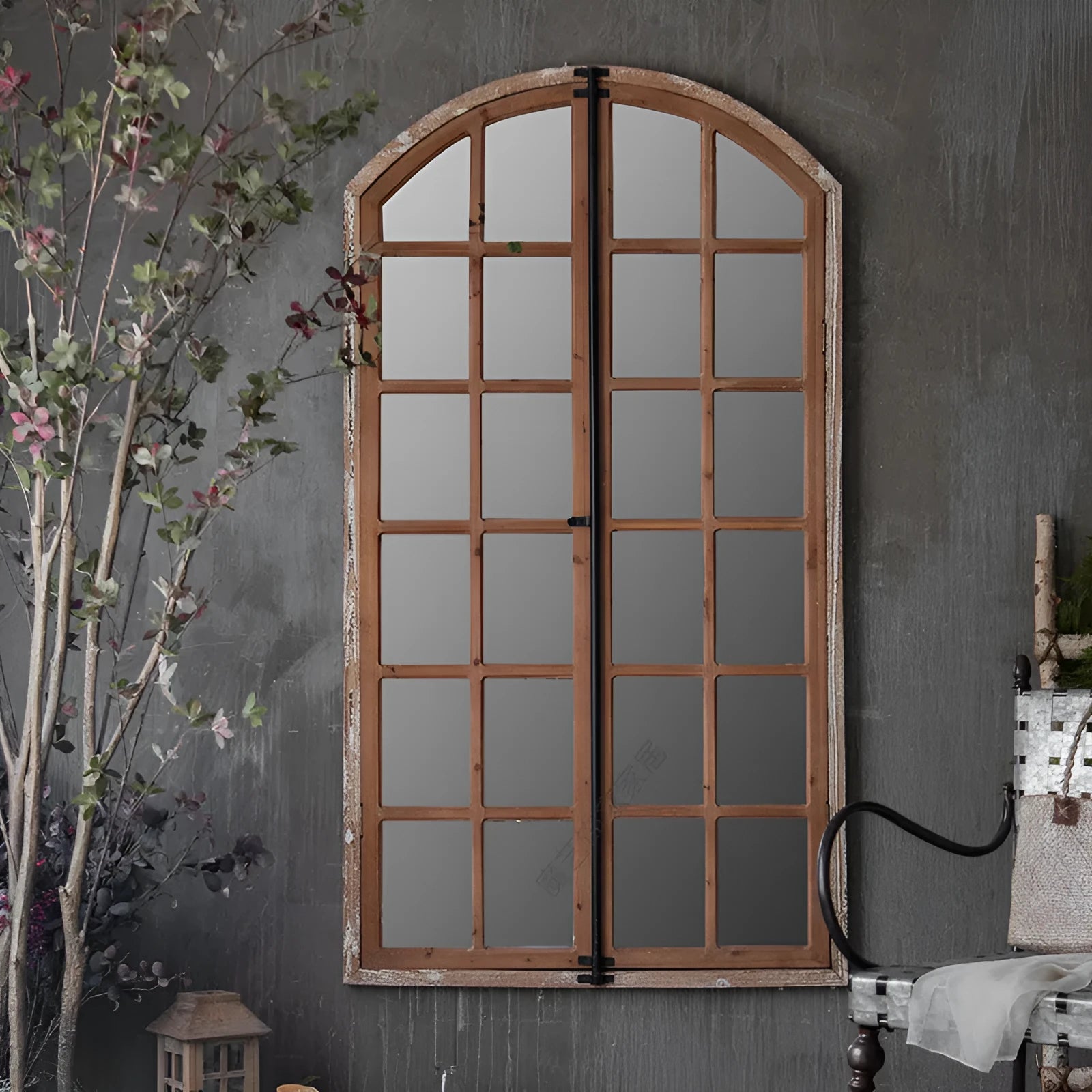 Terrace distressed wooden frame fake window wall mirror in log colour hanging on a wall.