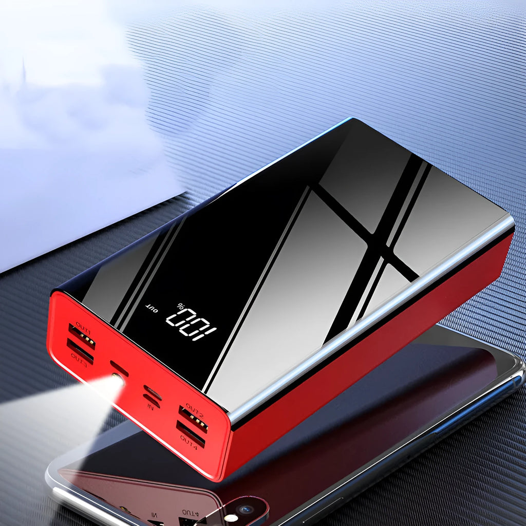 Large 40000 mAh capacity power bank with LCD display in red or black plastic case