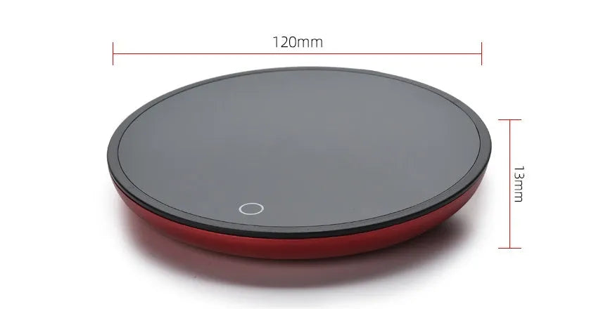 Black coffee mug warmer on a desk with low and high temperature switch
