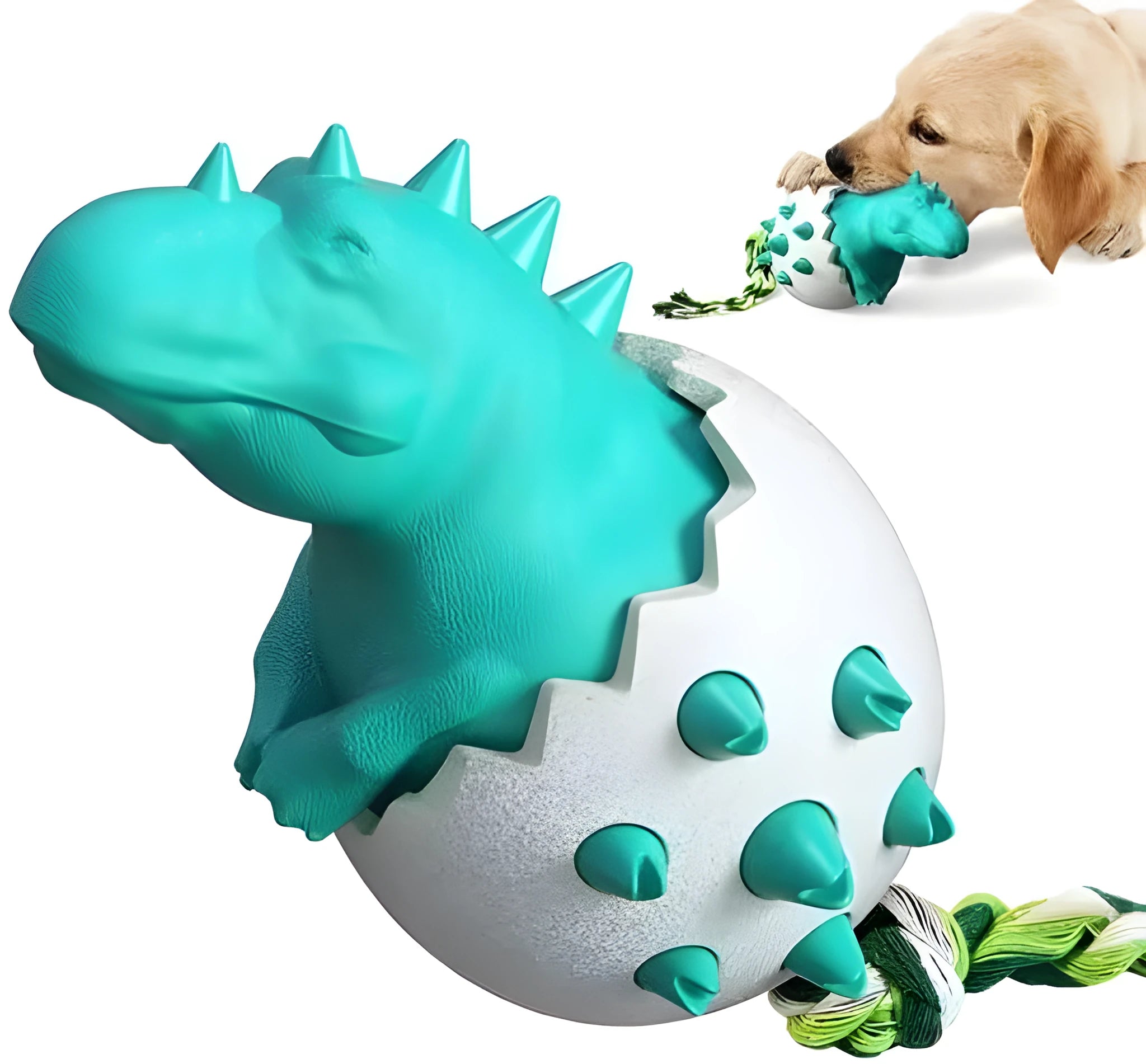 Blue durable rubber dinosaur dog chew toy with nylon rope for aggressive chewers