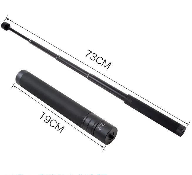 Black retractable selfie stick with adjustable phone mount extended to full length