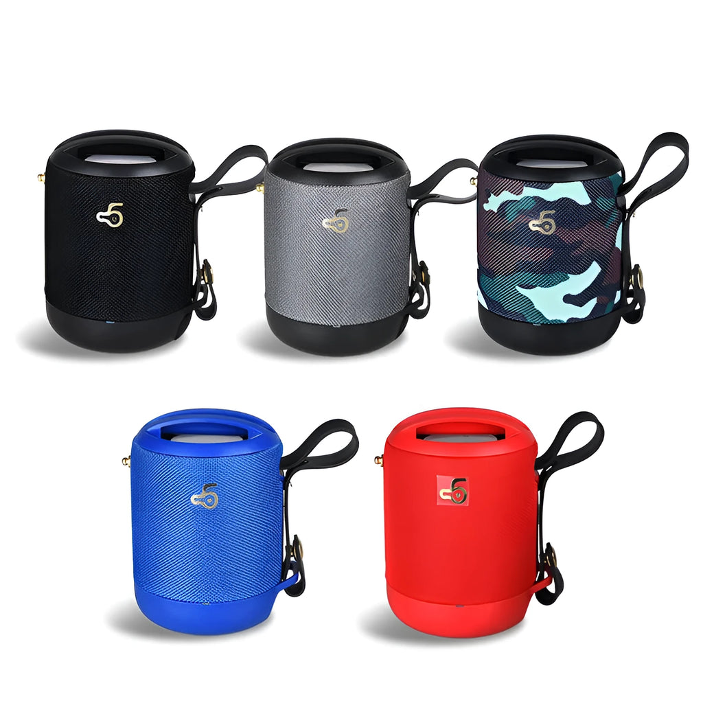 Compact square waterproof Bluetooth speaker in multiple colours with carrying strap.
