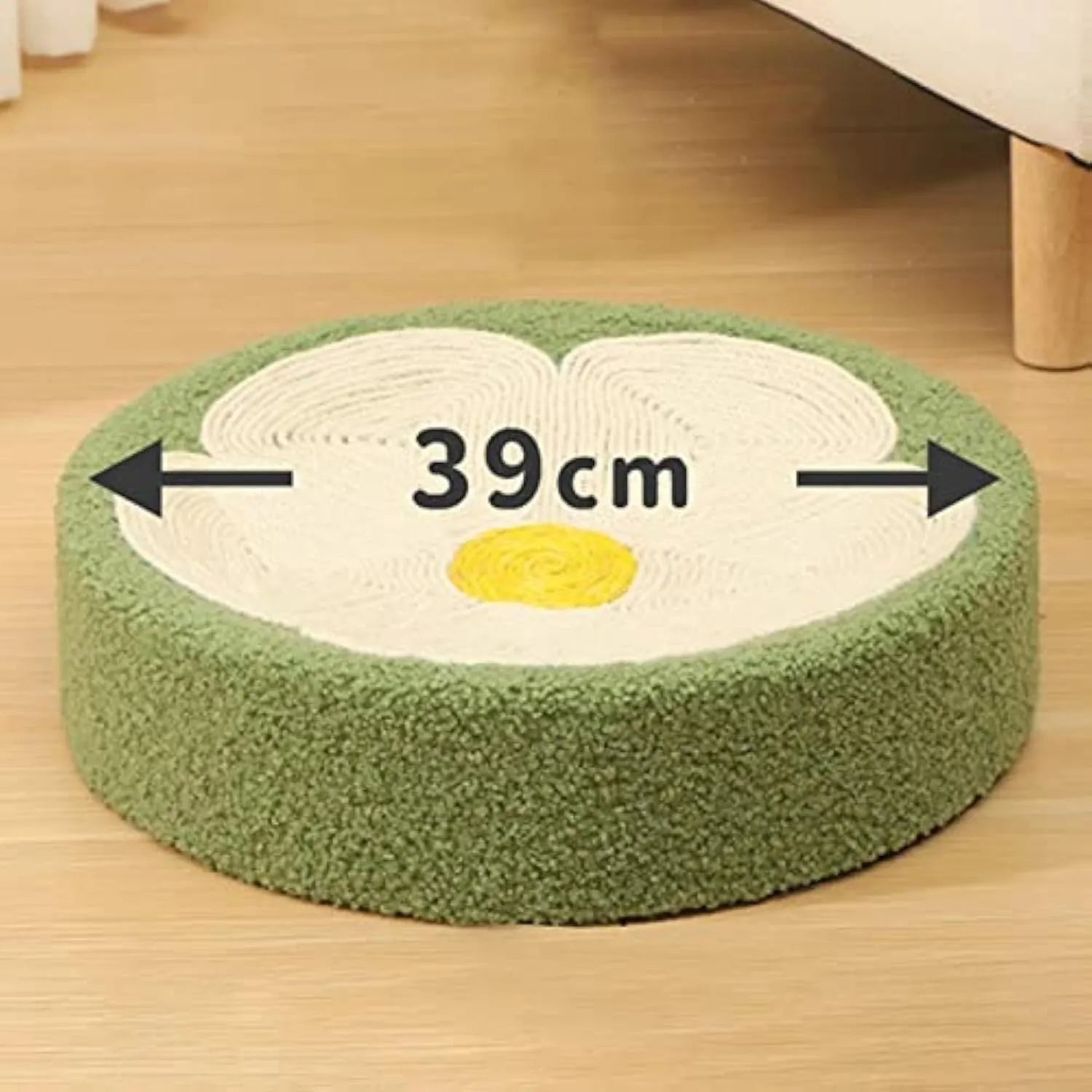 Green round cat scratcher bowl bed with sisal scratching surface measuring 39cm diameter