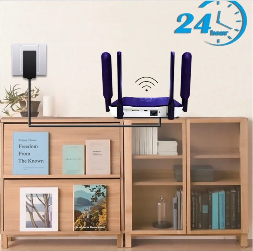 Blue 4G dual-mode wireless and wired router with four external antennas.