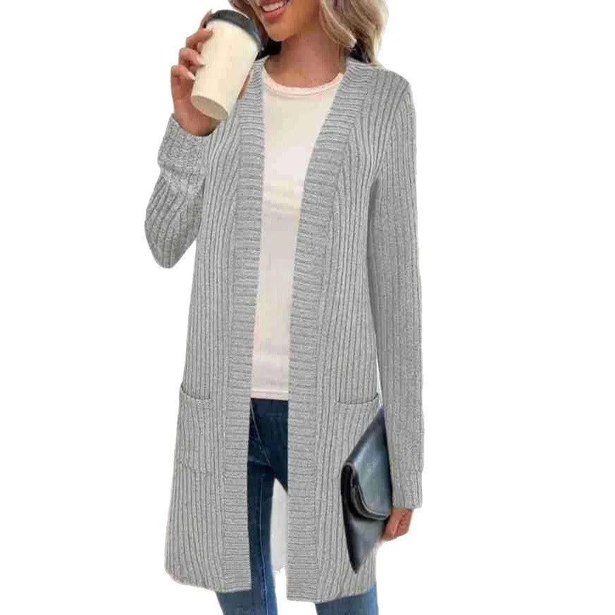 Long sleeve loose fit knitted cardigan jacket with pockets in black, wine red, or grey.