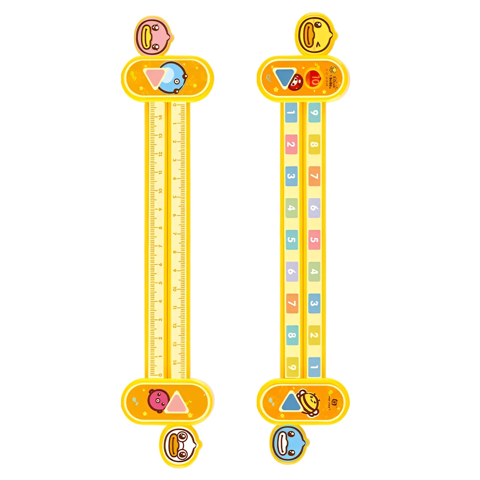 Yellow plastic cartoon digital decomposition ruler for children's learning, measuring 24.5cm long