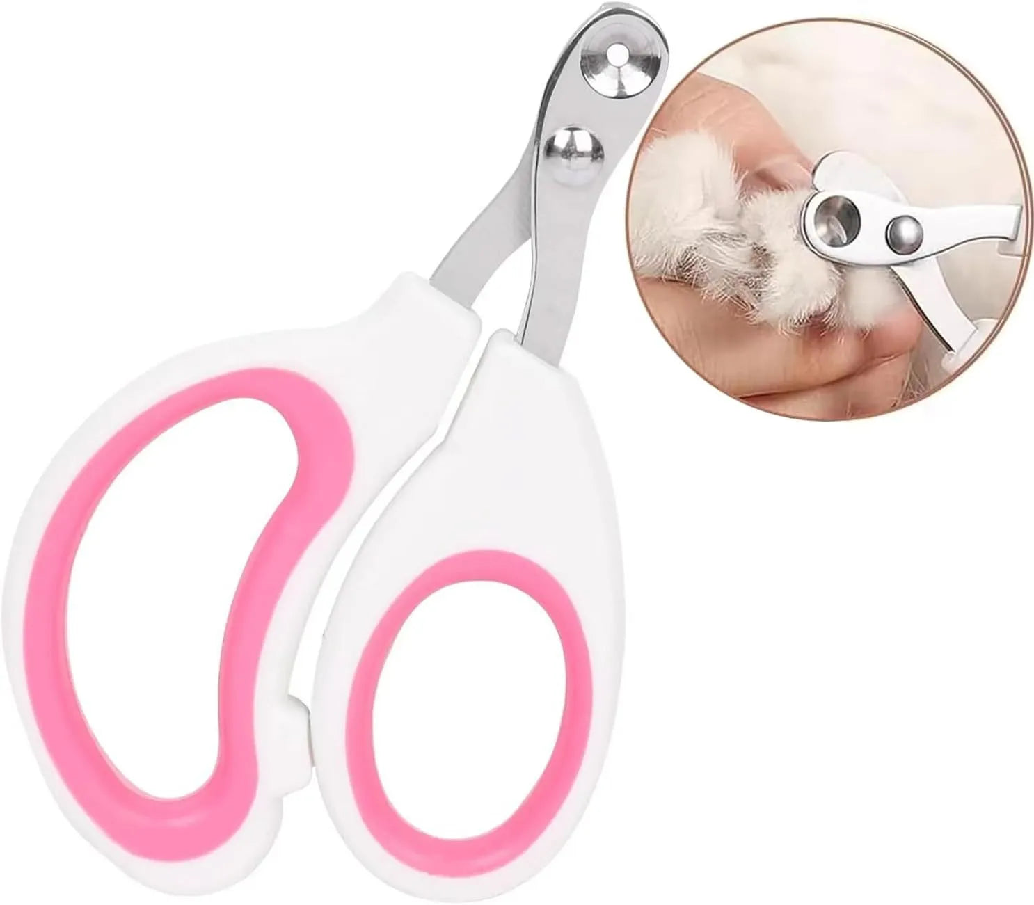 Blue cat nail clippers with a circular cutting hole and cushioned non-slip handle on a white background.
