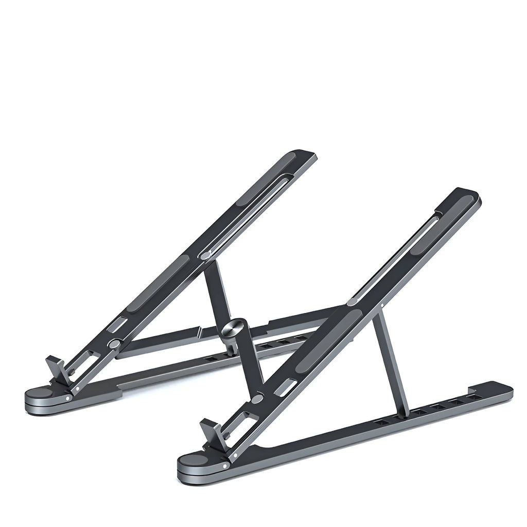 Foldable aluminium laptop stand in silver, shown open in use and closed for storage.