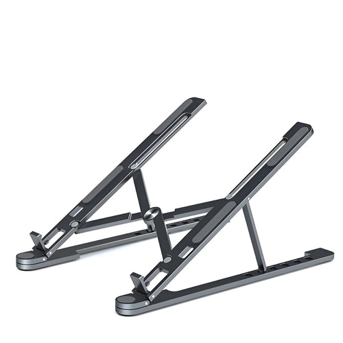 Foldable aluminium laptop stand in silver, shown open in use and closed for storage.