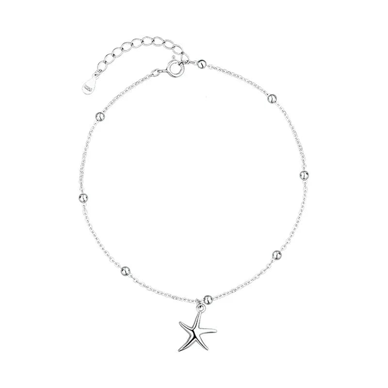 Women's sterling silver anklet with starfish charm beads on adjustable chain