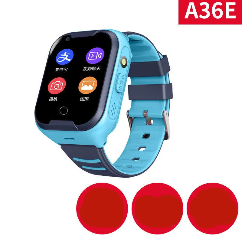 Children's blue smartwatch with GPS and video call functions on wrist
